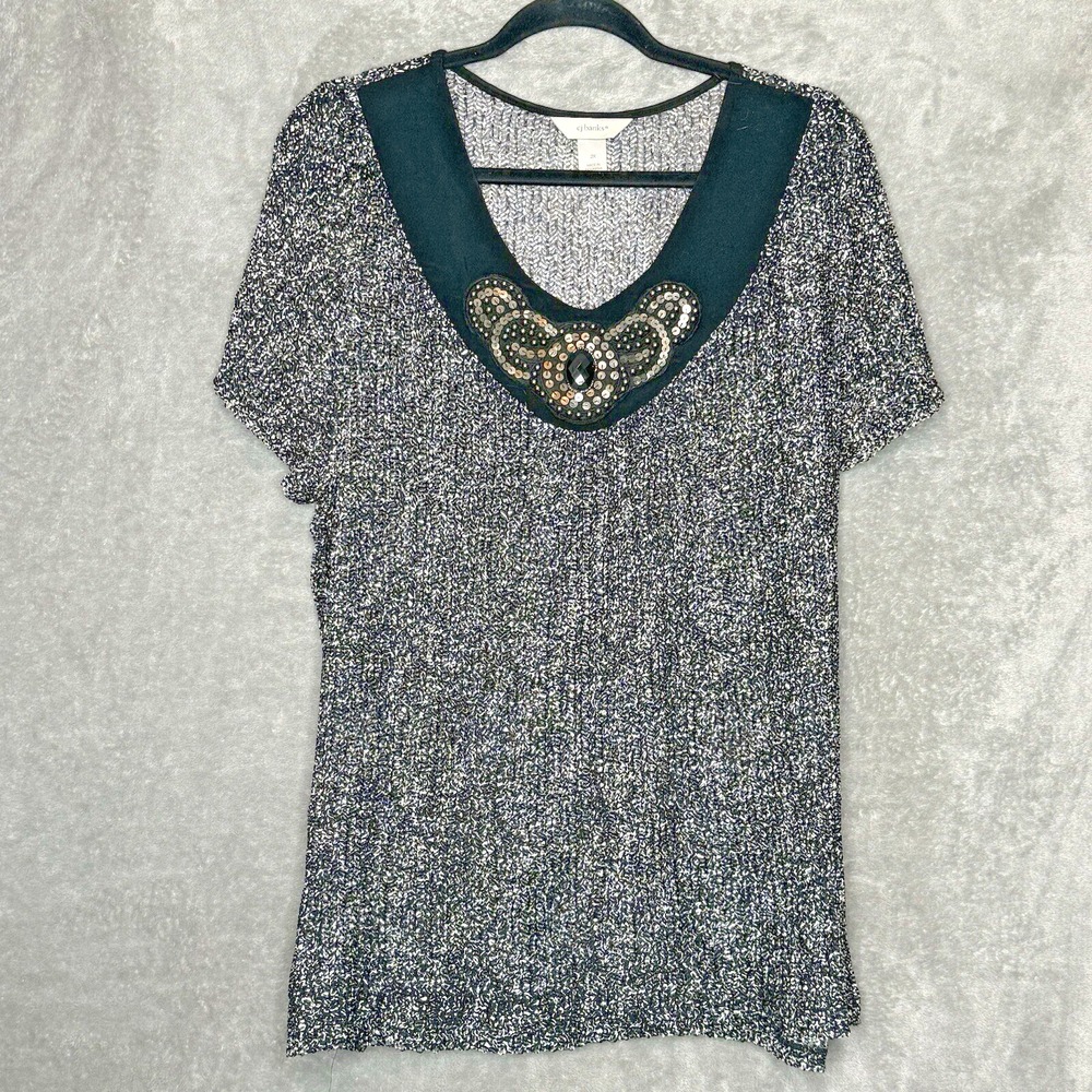 CJ Banks Top 2X Shirt Black Solid Short Sleeve V Neck Loose Knit Embellished